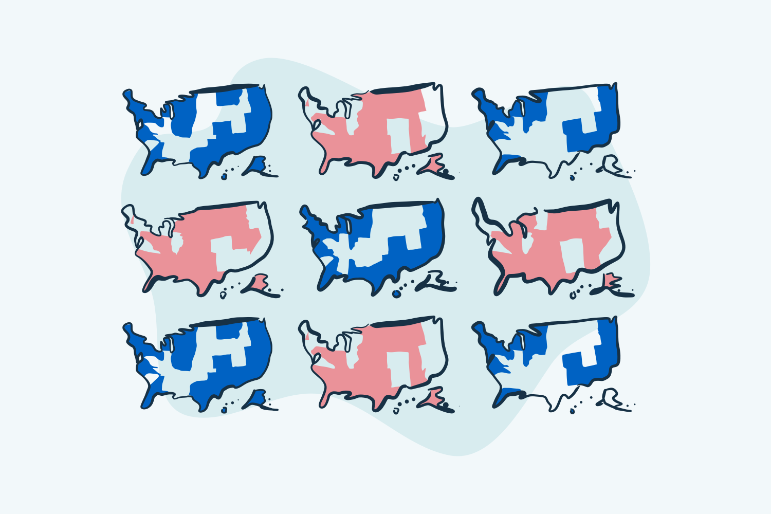 在许多不同的美国地图上，选举结果的蓝红色可视化